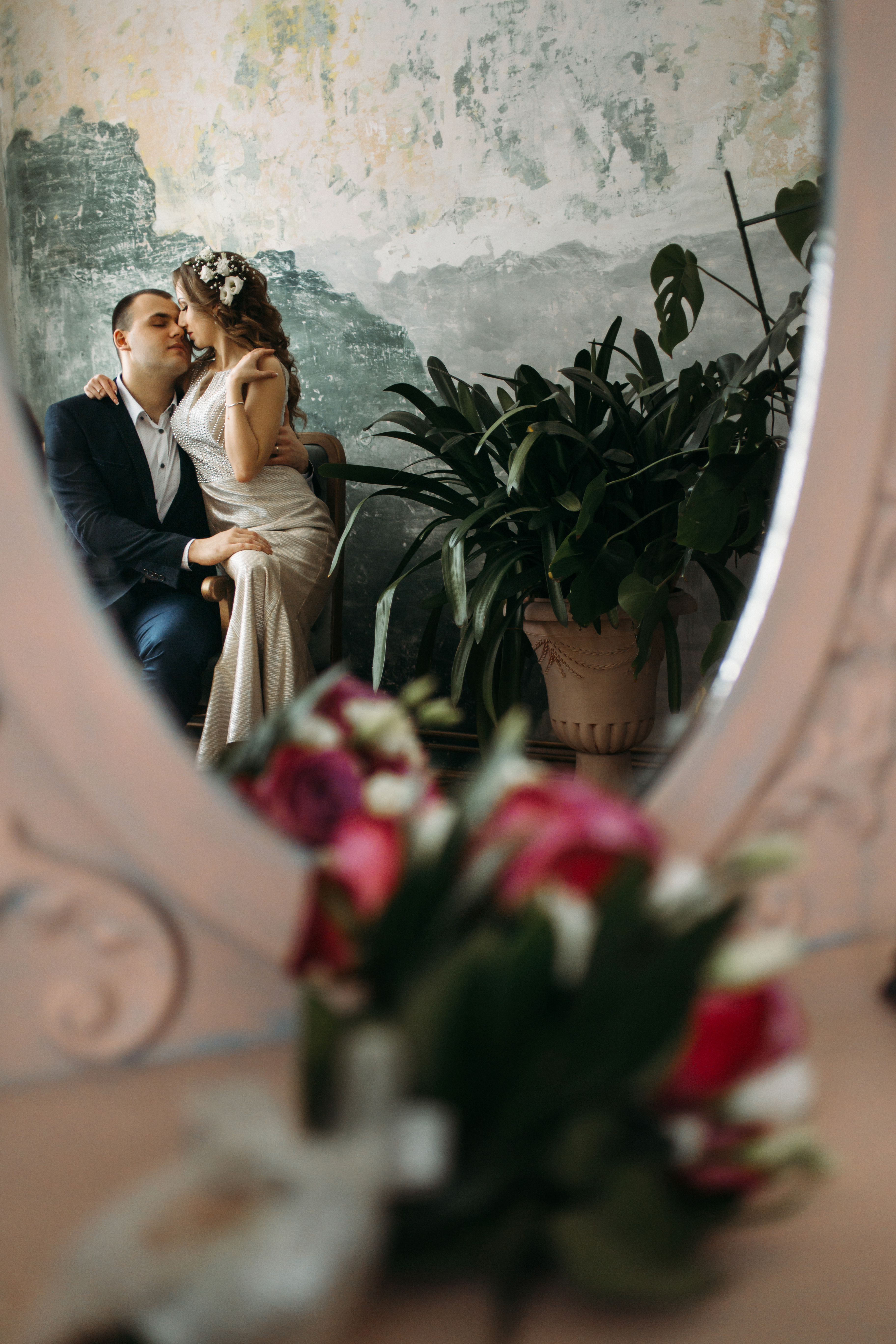 Couple at sunset wedding